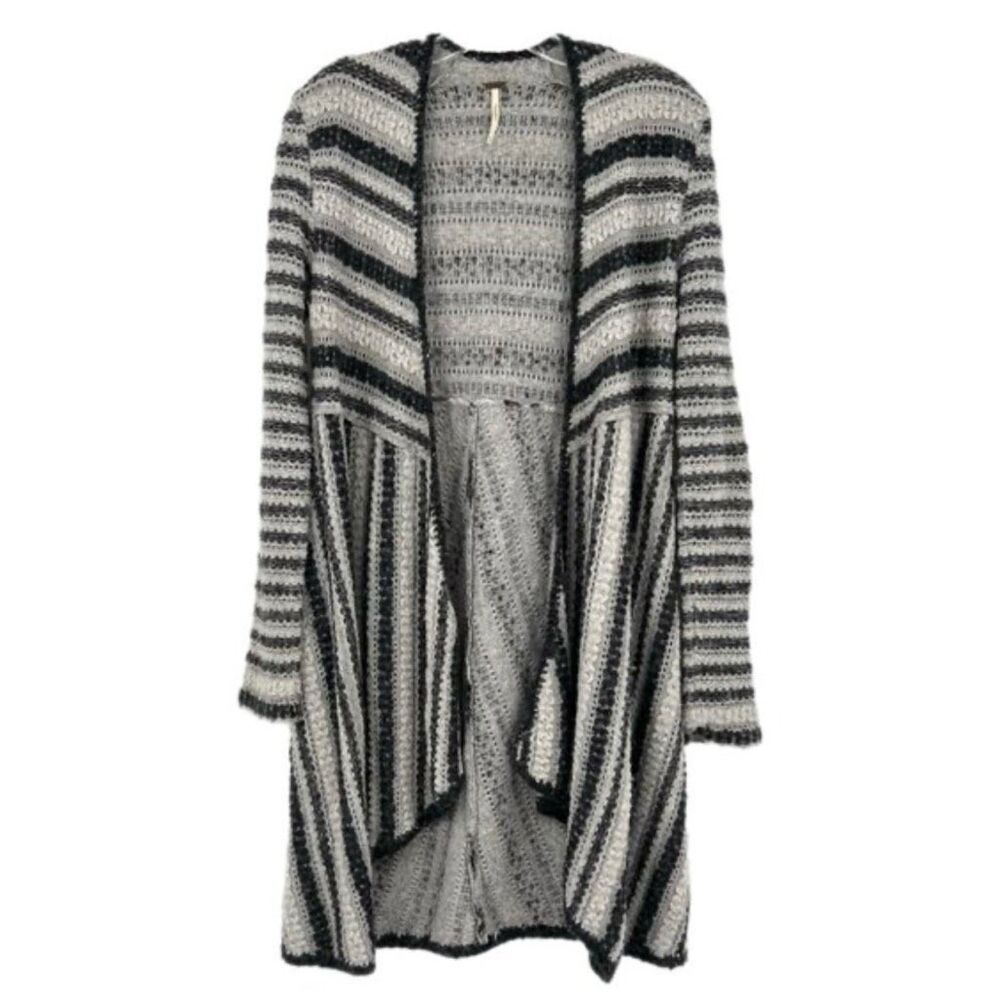 FREE PEOPLE | Gray & Black Striped Open Front Cardigan Sweater | Size Smallā